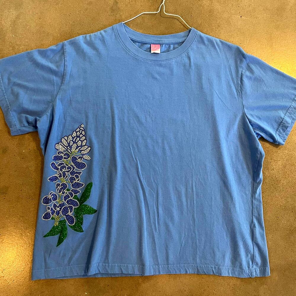 LAT Bluebonnet Texas rhinestone blue cotton top womens 2XL